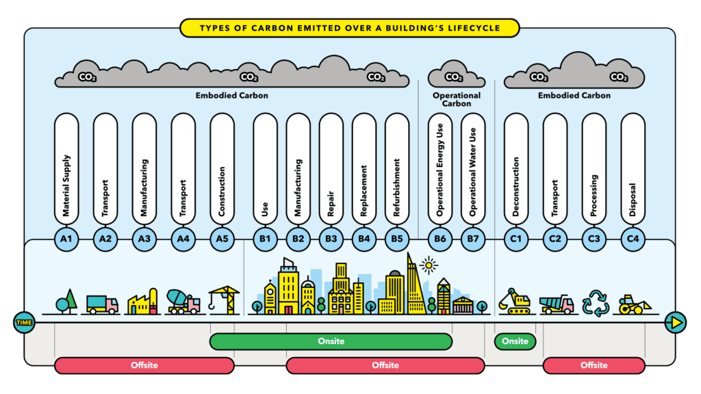 Graphic explaining Whole life carbon modules and the difference between embodied and operational carbon.